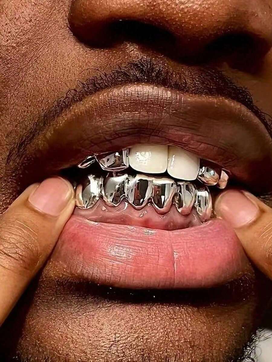 2026 New Collection Of Fine Jewelry2pcs/Set Hip-Hop Hollow Out Heart Stick Diamond Double Tooth Set, Daily Street Fashion Cool Smooth Gold Teeth - 銀-3 - 查看 1