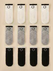 12 Pairs Kids Simple Solid Color Line & Smiling Face Pattern Ankle Socks, Suitable For All Seasons, Great For Outings And Gifts - Multicolor - View 2