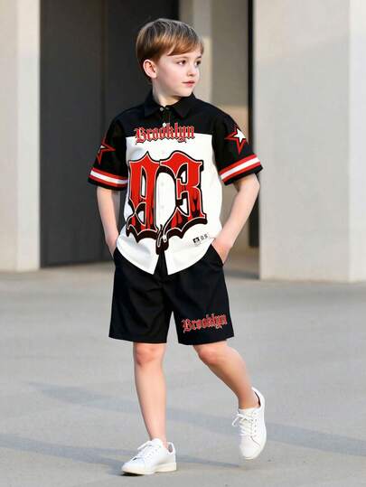2pcs/Set Tween BoysSpring/Summer Short Sleeve Shirt & Shorts, Black/Red/White Color Block, 99 Numeric Print, Baseball Style, Casual Streetwear Outfit