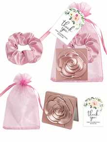 4件套粉色玫瑰折叠化妆镜及发圈套装，包含感谢卡和束口袋，适合作为新娘婚礼回礼、单身派对礼物、生日礼物、返校礼物、母亲节礼物、情人节礼物、发圈、发绳。 - 彩色 - 查看 1