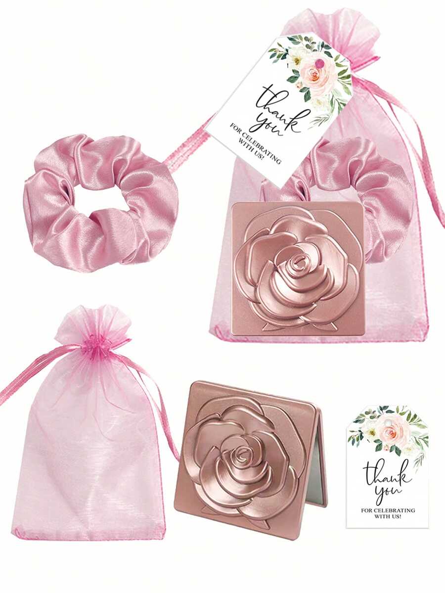 4件套粉色玫瑰折叠化妆镜及发圈套装，包含感谢卡和束口袋，适合作为新娘婚礼回礼、单身派对礼物、生日礼物、返校礼物、母亲节礼物、情人节礼物、发圈、发绳。 - 彩色 - 查看 1