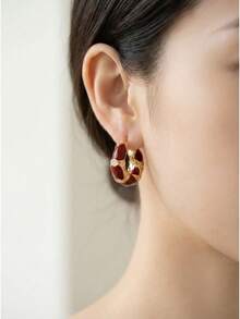 Vintage-Inspired Lightweight Hoop Earrings - Gold Metal With Deep Red Accents & Crystal Embellishments, Effortless Ear Clasp Design For Work & Weekend Wear - Red - View 10