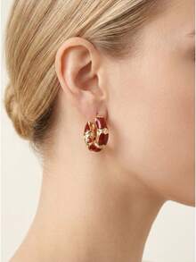 Vintage-Inspired Lightweight Hoop Earrings - Gold Metal With Deep Red Accents & Crystal Embellishments, Effortless Ear Clasp Design For Work & Weekend Wear - Red - View 6