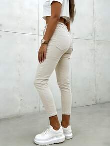 Women's High Waist Jeans, Elastic Waist Skinny Jeans, Mid-Rise Drawstring Jeans, Women's Slim Fit Pencil Pants, Ripped Drawstring Jeans, Boyfriend Style, Casual Everyday Wear, Spring & Autumn - Cream - View 3