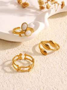 3pcs/Set Stainless Steel Fashionable Leaf Design Rings Set, Suitable For Women's Daily Wear