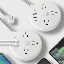 Power Socket With Anti-Surge And Power Switch, Flat Braided Wire Length Of 1.5 Meters, Wall-Mountable, Disk-Shaped Desktop Mobile Power Supply, 7-In-1 Small Power Socket, Including 3 AC Outlets, 2 USB-A Ports And 2 USB-C Ports. - 查看 1