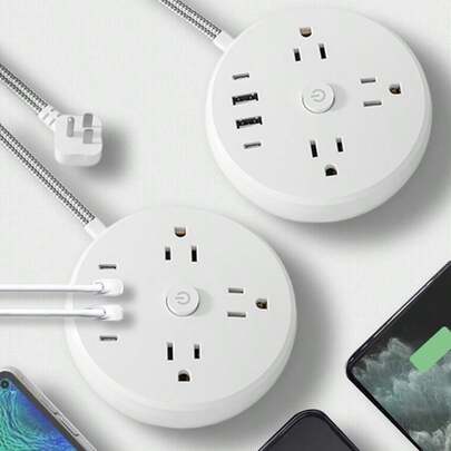 Power Socket With Anti-Surge And Power Switch, Flat Braided Wire Length Of 1.5 Meters, Wall-Mountable, Disk-Shaped Desktop Mobile Power Supply, 7-In-1 Small Power Socket, Including 3 AC Outlets, 2 USB-A Ports And 2 USB-C Ports.