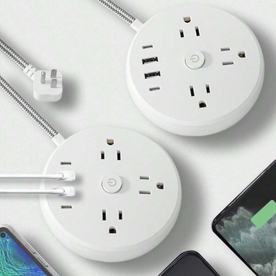 Power Socket With Anti-Surge And Power Switch, Flat Braided Wire Length Of 1.5 Meters, Wall-Mountable, Disk-Shaped Desktop Mobile Power Supply, 7-In-1 Small Power Socket, Including 3 AC Outlets, 2 USB-A Ports And 2 USB-C Ports. - 查看 1