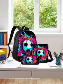 3pcs Boys' Backpack Set - Football Pattern Fabric, Large Capacity Multi-Function Zipper Closure, Casual Schoolbag, Suitable For Daily Use And Travel