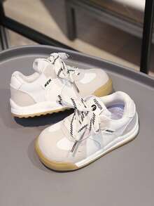 儿童时尚百搭网面透气平底白色运动鞋，休闲轻便舒适，春秋季 - 米色 - 查看 5