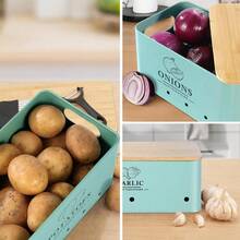 Kitchen Vegetable Storage Set Of 3, Metal Onion Garlic Potato Storage Set, Kitchen Canisters Vegetable Keeper Containers With Aerating Holes And Wooden Lid (Blue) - Blue - 查看 7