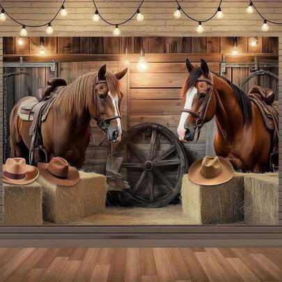 1 Western Cowboy Theme Party Banner Featuring A Saddle Horse, Hay Bale And Cowboy Hat Design - Perfect For Birthday Decorations, Photo Booth Backdrops, Cake Table Arrangements And Theme Party Accessories. Create A Authentic Western Atmosphere With These Cowboy Accessories, Ideal For Decorating Both Outdoor Gardens And Indoor Living Rooms.