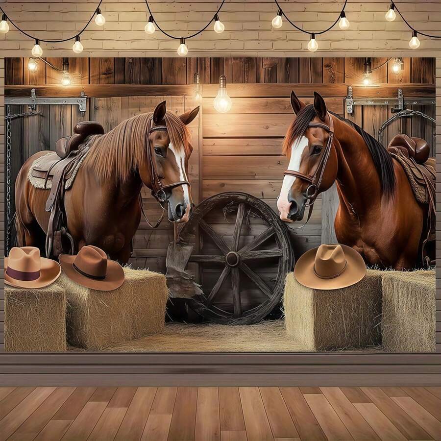 1 Western Cowboy Theme Party Banner Featuring A Saddle Horse, Hay Bale And Cowboy Hat Design - Perfect For Birthday Decorations, Photo Booth Backdrops, Cake Table Arrangements And Theme Party Accessories. Create A Authentic Western Atmosphere With These Cowboy Accessories, Ideal For Decorating Both Outdoor Gardens And Indoor Living Rooms. - Multicolor - View 1