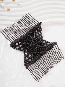 1pc Black Beaded & Rhinestone Elasticated Double Row Hair Comb, Magical Hair Comb Sticker For Women Street Combs For Hair Side Comb, School Stuff, Wedding, Hair Accerssories - 黑色 - 查看 2