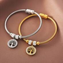 1 chiếc vòng tay tròn hình cây đính đá bằng thép không gỉ thời trang dành cho nữ | Mạ vàng 18K, chất liệu tổng hợp, thích hợp đeo hàng ngày và đi nghỉ mát. - Cây sự sống - Xem 4