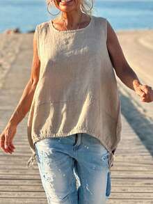 QueenCloset Women's Summer Elegant Casual Linen Sleeveless T-Shirt, Khaki Round Neck Drawstring Loose Tank Top, Bohemian Style Vacation Wear, Suitable For Daily/Commute - Khaki - View 6