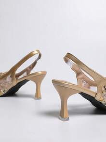 女士优雅蕾丝尖头蝴蝶结高跟凉鞋，时尚夏季派对婚礼高跟鞋 - 金色 - 查看 8