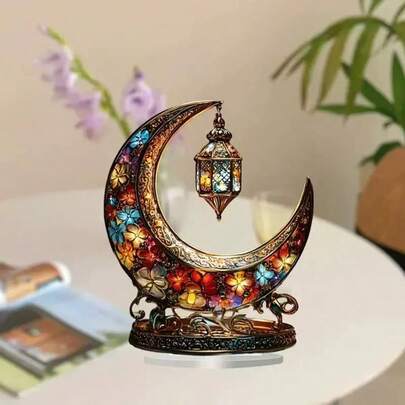 Cross-Border Moon Lighthouse Character 2D Flat Acrylic Ornaments Stand Home Desktop Decoration Festive Atmosphere