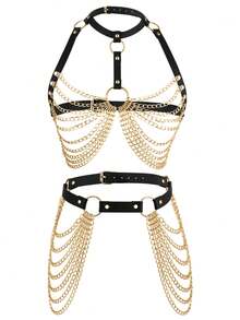 Set de 2 arneses de Body completo sexy para mujer con cadenas, cinturón de cintura de piel de PU, accesorio de estilo punk gótico, adecuado para citas diarias - Dorado - Ver 12