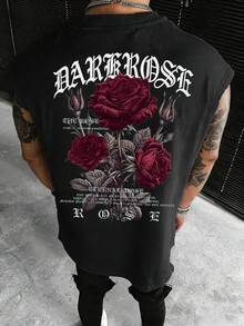 Men's Fashionable Versatile Rose Flower & English Slogan Graphic Tank Top, Summer - Black - View 1