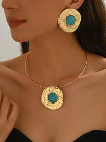 一套时尚几何线条和水滴形开领项链和耳环套装 - 彩色 - 查看 12