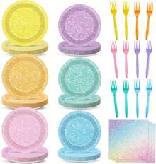 CHUNNIN 96Pcs Pastel Rainbow Party Plates And Napkins Forks For Colorful Rainbow Birthday Decorations Baby Shower Glittery Plates Set For 24 Guests Birthday Party Supplies Favors - MàuF - Xem 1