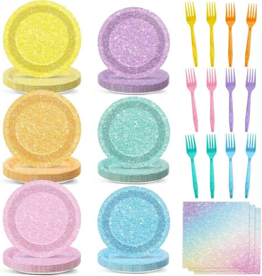CHUNNIN 96Pcs Pastel Rainbow Party Plates And Napkins Forks For Colorful Rainbow Birthday Decorations Baby Shower Glittery Plates Set For 24 Guests Birthday Party Supplies Favors - MàuF - Xem 1