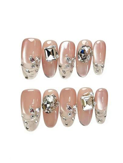 10pcs Pure Handmade Press On Nails Long Oval Nail Pink And White Cat Eye Nails Cute Pain Y2k Gentle Fancy Sequin Elegant For Women And Girls,Spring Summer Fall Winter,Holiday And Daily Life Use