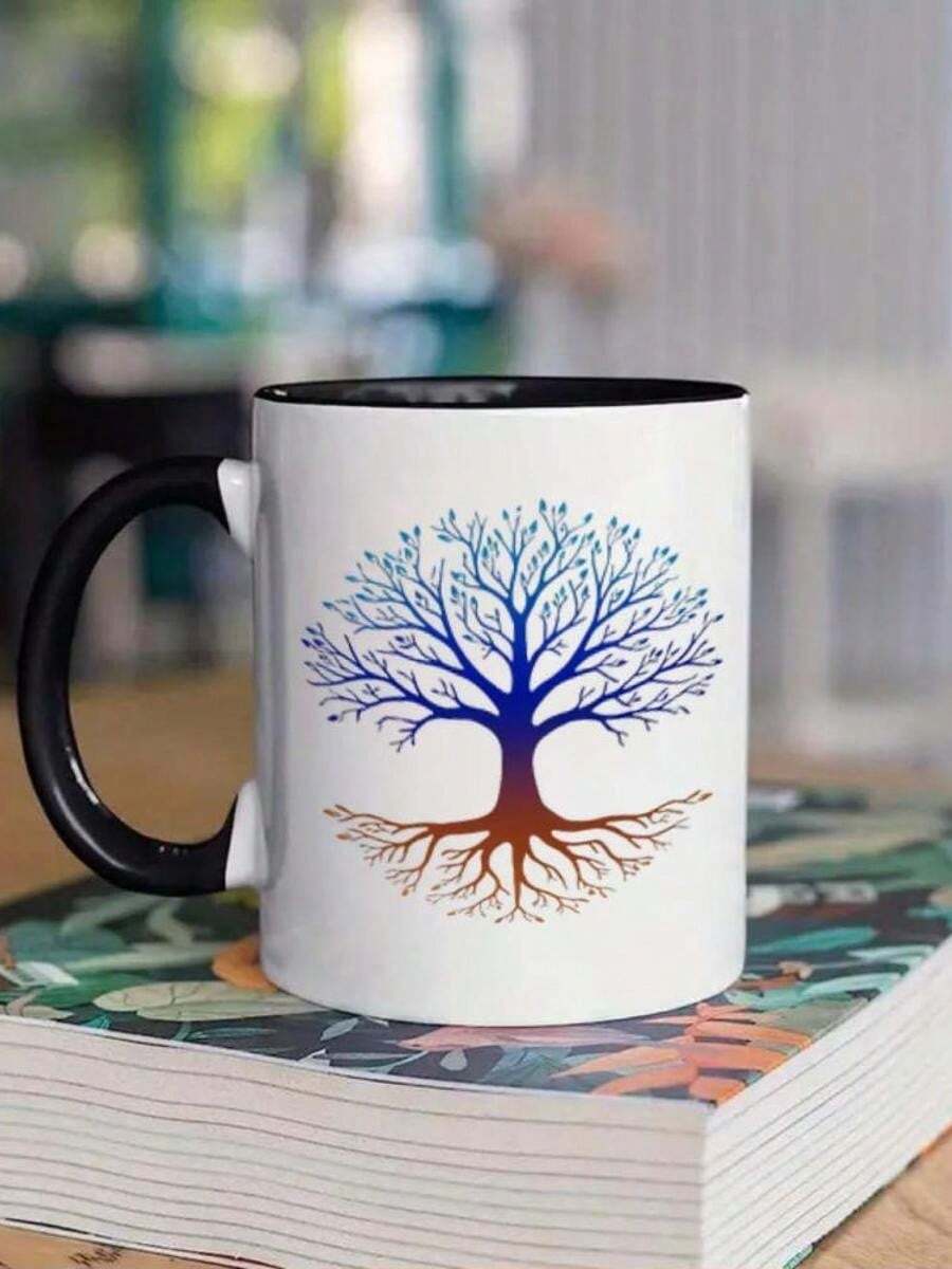 1pc 11oz Ceramic Coffee Mug With Artistic Tree Roots Design White Black Contrast Blue Brown Nature Art Durable Drinkware Hot Cold Beverages Birthday Holiday Idea Coffee Bar Accessories Natureinspired - Black 4 - View 1