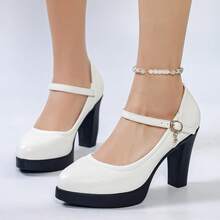White Chunky Heeled High Heels With Buckle, Metallic Embellishments, Elegant Women's Shoes, Suitable For Everyday Commuting And Dates, Stylish And Fashionable Women's Shoes. - 白色 - 查看 2