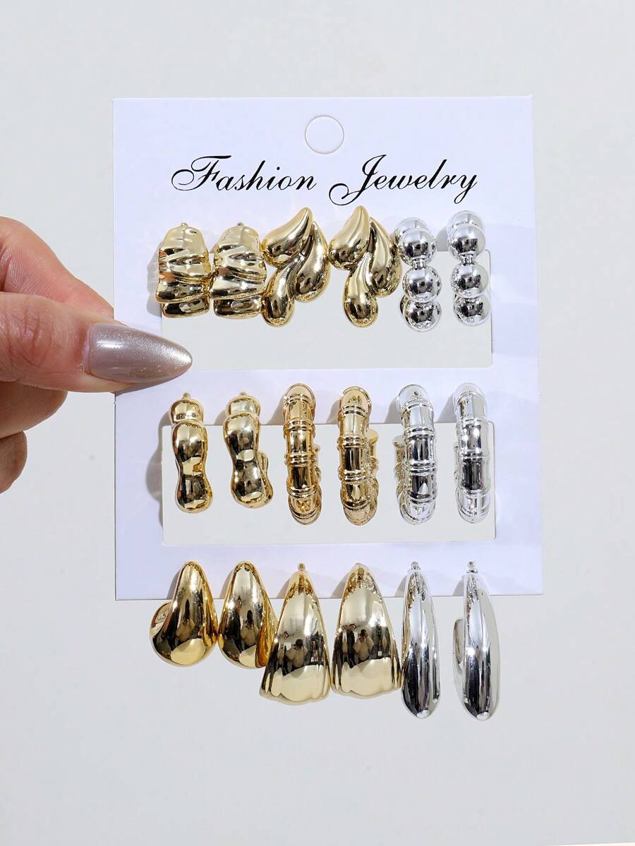 1-9 对金银混合几何亮面耳夹，采用优质树脂材料制成，适合日常通勤佩戴。 - 金色 - 查看 1