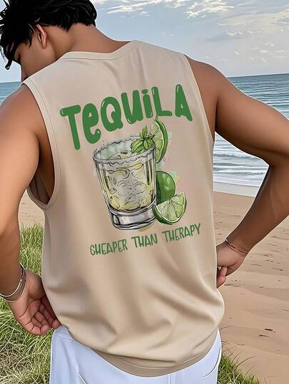 1 chiếc áo tank top nam cổ tròn in hình nước ép trái cây, phong cách thường ngày, mùa hè.