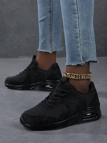 女士舒适气垫厚底运动鞋，圆头系带休闲增高鞋 - 黑色 - 查看 2