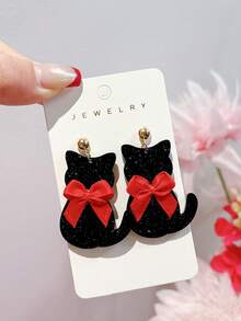 1 Pair Cute Acrylic Bling Bling Earrings, Lovely Pink Bow & 3D Sequin White Kitten Earrings, Elegant Earrings Gift For Women - Multicolor - View 4