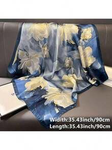 35.43inch Blue Printed Square Scarf, Fashionable Slim Satin Shawl, Summer Women's Headscarf - 藍色 - 查看 4