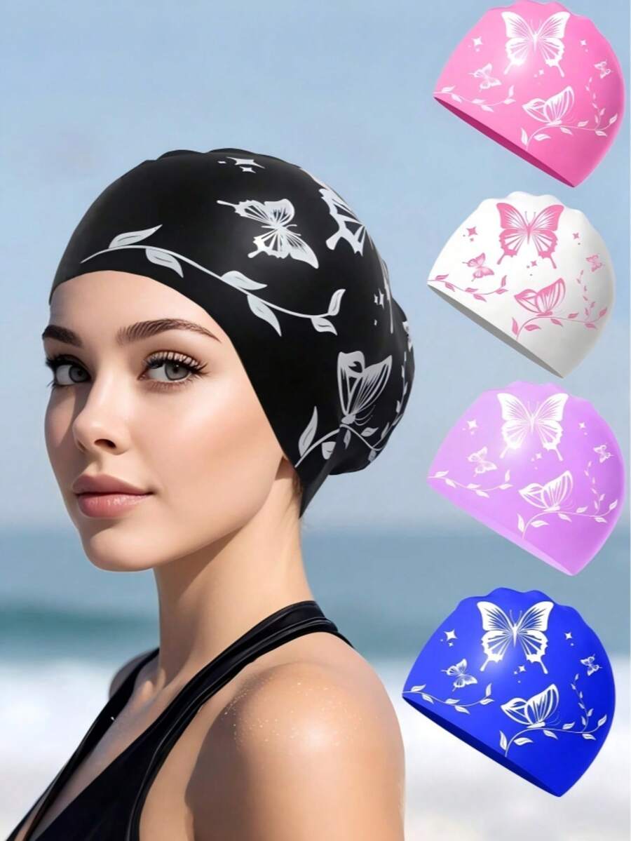 Adult Silicone Swimming Cap, Elegant Butterfly Pattern Swimming Cap, Waterproof, Anti-Slip, Comfortable Elastic, Suitable For Short & Long Hair - Multicolor - View 1