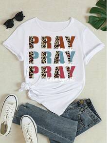 T-shirt ample à col rond à manches courtes avec imprimé léopard graphique et lettrage "PRAY PRAY PRAY THROUGH IT", style décontracté pour femmes - Blanc - Voir 4