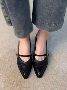 Retro Chunky Heel Pointed Toe Mary Jane Pumps, New Commuting Chic French Style High Heels For Women - Black - View 3
