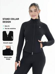 Women's Stand Up Collar Zipper Long Sleeved Thumb Hole Minimalist Fashion Sports Jacket Casual Sports Slim Zipper Pocket Jacket, Spring And Autumn Women's Clothing - 黑色 - 查看 1