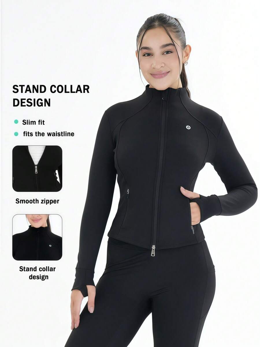 Women's Stand Up Collar Zipper Long Sleeved Thumb Hole Minimalist Fashion Sports Jacket Casual Sports Slim Zipper Pocket Jacket, Spring And Autumn Women's Clothing - 黑色 - 查看 1