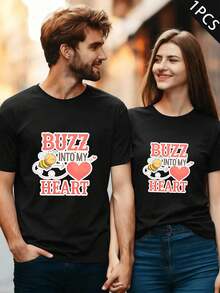 Camiseta con motivo de abeja love para parejas, algodón suave, cuello redondo, corte holgado, cómoda, casual. - HombresNegro-1PC - Ver 2