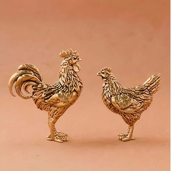 1 Set Brass Rooster & Hen Figurines, Thanksgiving Collectible Decor, Zodiac Chicken Decoration, Tabletop Tea Set Accessory, Suitable For Home Living Room, Handmade Metal Art, Suitable For Children 14+ Years Old, No Electricity Required, Best Gift For Birthday, Graduation
