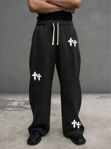 Skyrend 1pc Men's Cross Print Loose Casual Sports Pants, Drawstring Elastic Waistband, Street Style Loose Fit With Pockets Grunge - Black - View 8