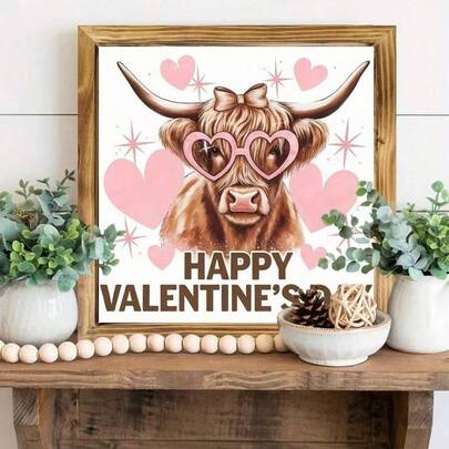 1pc 3D Stereoscopic Highland Cow Happy Valentine's Day Wooden Frame Wall Hanging, Suitable For Bedroom, Living Room, Home, Kitchen Decor, Housewarming Gift, Valentine's Day Gift, Exquisite Wooden Photo Frame, Home Decor Gift