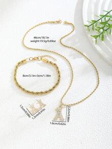4pcs/Set Simple Exquisite Stainless Steel Gold Chain Necklace Bracelet Copper Inlaid Zirconia Crown Letter Pendant Necklace Earrings Jewelry Set Necklace Bracelet Earrings - Gold - View 6