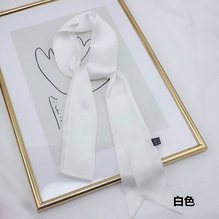 1pc Extra-Long 200cm Solid Color Thin And Narrow Silk Scarf For Women, Versatile As A Small Neck Scarf, Decorative Headband, Or Hair Tie/Ribbon. - white1 - 查看 1