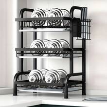 Dish Drying Rack, Three-Tier Kitchen Storage Rack, Countertop Dish Drying Rack With Quick-Drain System, Knife, Fork, And Cutting Board Holder - Suitable For Bowls, Plates, And Other Items, Kitchen Organizer And Storage Solution - Black - View 7