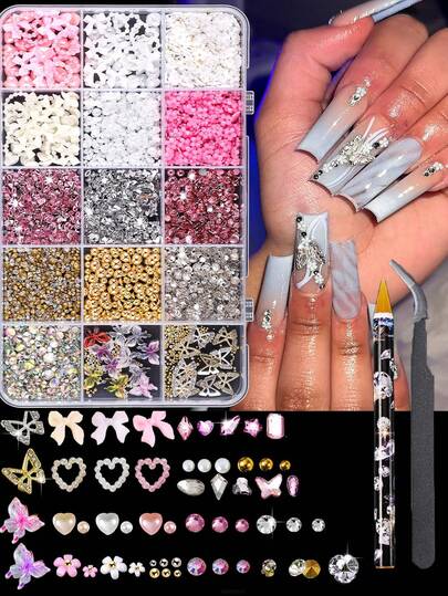 10,000pcs 3D Nail Art Decorations & Gems, 15 Styles Including Thick Butterfly Decor + 3D Acrylic Flower Butterfly Crystal Nail Jewelry Set, Colorful Flower Earrings With Pearl Caviar Beads, Metal Alloy Gold/Silver Butterfly Rhinestones, Suitable For DIY Nail Art Decoration