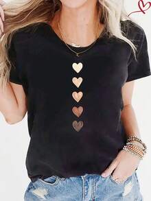 Women's Cotton Basic T-Shirt, Short Sleeve Round Neck Casual Top With Heart Print, Loose Fit Tee Shirt For Daily Wear, S-XXXL Sizes Available, Black - 黑色 - 查看 6