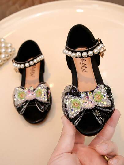 1 Pair Girls' Princess Flat Sandals With Rhinestone Bow Decor, Casual Beach/Dance/Outdoor/Festival/Party Shoes, Suitable For Spring, Summer, Autumn